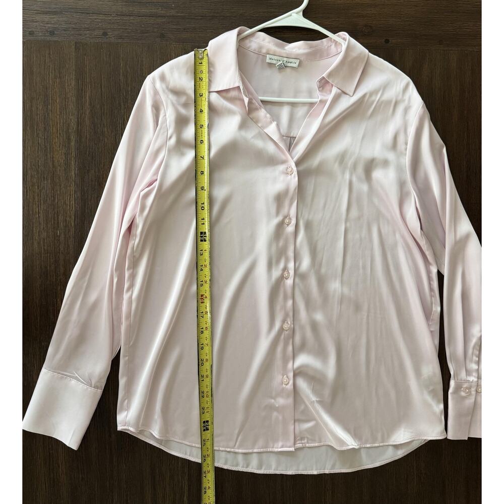 Soft Pink Satin Shirt Womens Medium Button Front Long Sleeve Top Maison D'Amélie - Picture 6 of 7